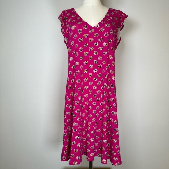 LOFT Ann Taylor Pink Floral Flutter Sleeve V-Neck Dress Women’s Size Medium - Picture 1 of 8